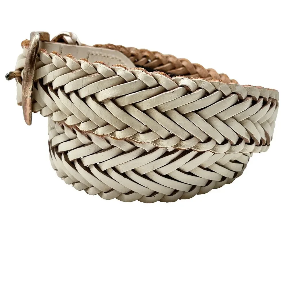 Vintage Brighton White Braided Leather Weave Belt Size S M Womens Brass Made USA